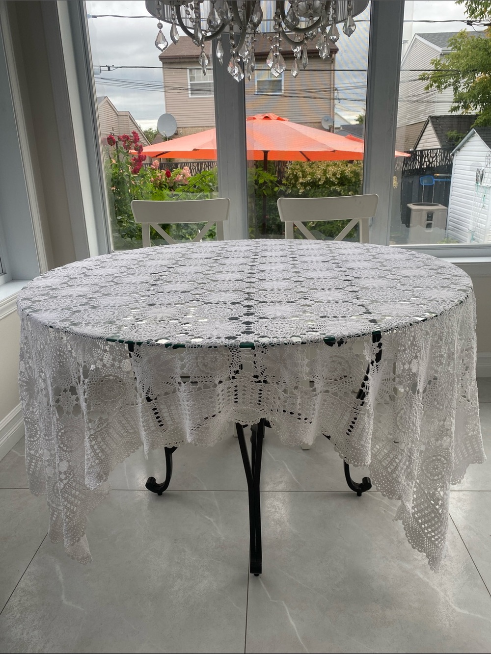 White Crochet Lace Square Tablecloth wth floral starburst pattern L:74”xW:55.5”
